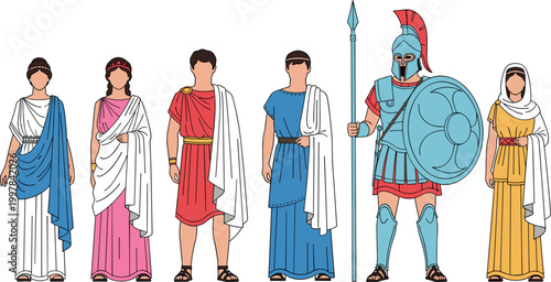 Vector Illustration of Ancient Roman and Greek Figures in Traditional Clothing and Armor