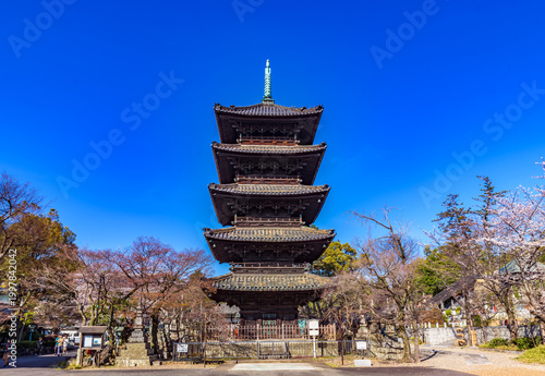 NAGOYA, JAPAN - MAR 23, 2026: Kosho-ji Buddist temple Five-storied Pagoda, Nagoya City, Aichi Prefecture, Important Cultural Property.