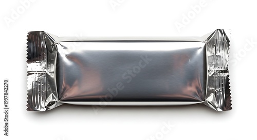 Sealed rectangular candy bar wrapped in shiny silver foil packaging