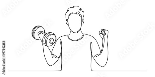Continuous single line drawing of a young man exercising with a dumbbell in his hand and flexing his muscle to show strength and health Vector, illustration