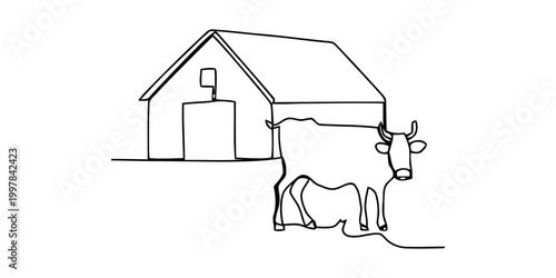 Continuous single line drawing of a cow standing in front of a farm barn Vector, illustration