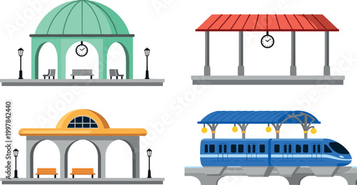Set of Modern Train Stations with Clock Designs and a Blue Monorail in a Flat Vector Style