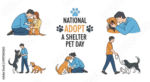 A heartwarming vector illustration promotes Adopt a Shelter Pet Day with scenes of people lovingly embracing dogs and cats, set against a clean white background in soft pastel colors