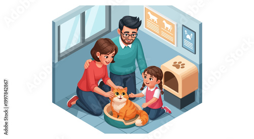 Isometric illustration shows a family participating in Adopt a Shelter Pet Day, petting an orange cat in a basket within an animal shelter, fostering compassion for animals and promoting
