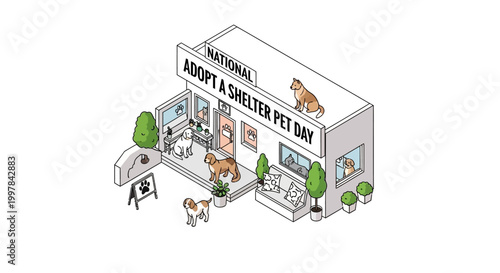 Isometric vector illustration promoting National Adopt a Shelter Pet Day, featuring a stylized animal shelter building with dogs, cats, and staff, set against a clean white background