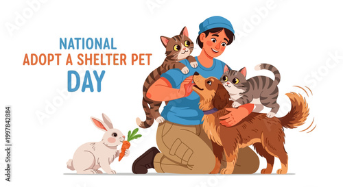 A cheerful volunteer hugs a dog and two cats, promoting Adopt a Shelter Pet Day in a colorful vector illustration with a rabbit eating a carrot, set against a clean white background