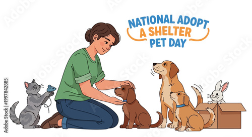 A smiling woman pets a puppy in an illustration promoting National Adopt a Shelter Pet Day, alongside a playful cat, two dogs, and a rabbit in a box, all rendered in a colorful, cartoon