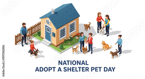 Celebrating Adopt a Shelter Pet Day, an isometric illustration showcases people adopting dogs and cats near an animal shelter with a bright, cheerful mood, emphasizing pet care and love