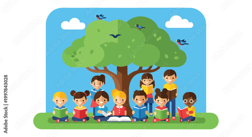 Obraz premium Children reading under tree