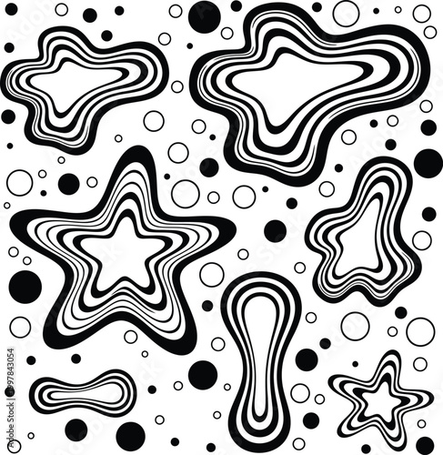 Abstract black and white composition with organic blob shapes and polka dots star shape line art graphic resources abstract patterns abstract composition monochrome illustration creative