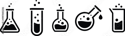 Set of five laboratory glassware icons with chemical reactions and liquids isolated on white background, Vector, illustration