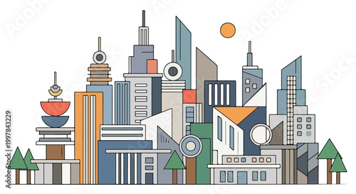 Bild auf Leinwand A stylized illustration of a futuristic cityscape with modern buildings