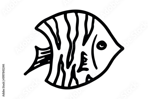 Hand drawn happy funny cute fish Adorable friendly kawaii tropical fish Underwater world sea life ocean Fishing seafood For design, kids print, kids books, nursery decor, coloring pages, logo