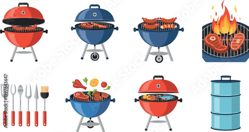 Charcoal barbecue grill set with cooking utensils meat steaks sausages and outdoor BBQ equipment flat illustration collection