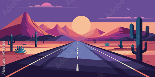 Minimal Flat Desert Highway Vector, Clean Road Landscape with Cactus in Solid Color Style, Flat Desert Road Scene Vector Illustration, Modern Minimal Landscape with Cactus No Gradient Design