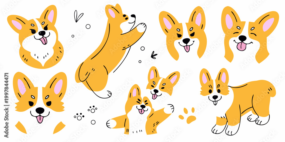 Obraz premium Corgi dog illustrations in various poses cartoon style