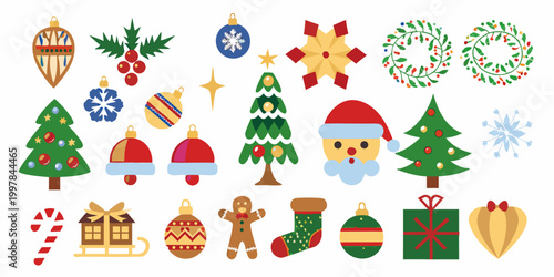 Christmas ornaments and decorations flat vector illustration on white background