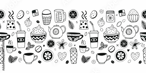 Hand drawn coffee and tea pattern black and white illustration