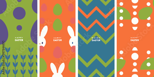 Easter posters with bunny and colorful patterns spring themed designs