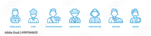 Modern Workforce Professions Pack Icons set vector illustration outline blue with FREELANCE , CHEF, PHOTOGRAPHER, DETECTIVE, FIREFIGHTER, WAITER, ARTIST