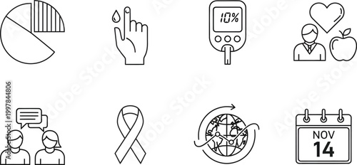 World Diabetes Day Awareness Icon Set with Blood Test and Glucometer