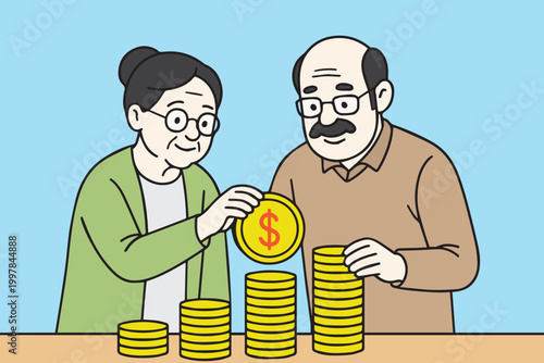 A vector art of an elderly couple stacking coins together, representing saving money in old age, financial planning, and security, with a warm and meaningful atmosphere.