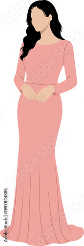 Flat Illustration Woman In Pink Evening Gown