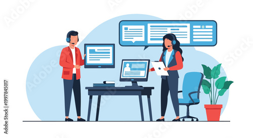 фотографія Two office workers with headsets interact near computers
