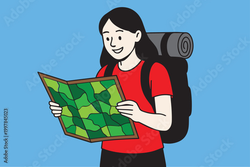 A vector art of a young female traveler reading a paper map, standing with curiosity and excitement, capturing the spirit of adventure and exploration.