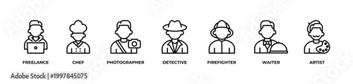 Modern Professions Icons set vector illustration outline with FREELANCE , CHEF, PHOTOGRAPHER, DETECTIVE, FIREFIGHTER, WAITER, ARTIST