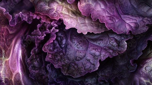 Close-up vibrant purple cabbage leaves, detailed texture, healthy food