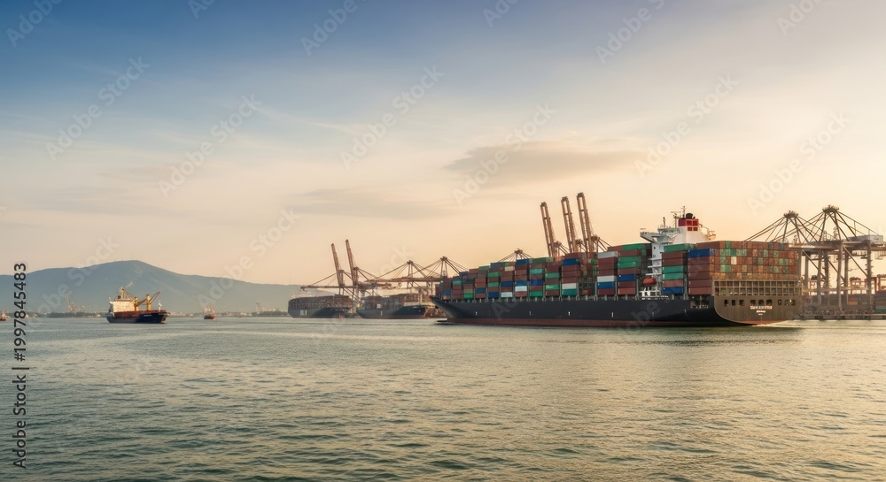 Fototapeta premium Cargo Ship at Harbor with Containers