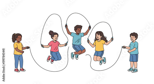 A vector illustration showing a group of people and children playing on a swing and holding hands, featuring a cartoon boy and girl jumping rope for fun while an angel cupid shoots a love arrow