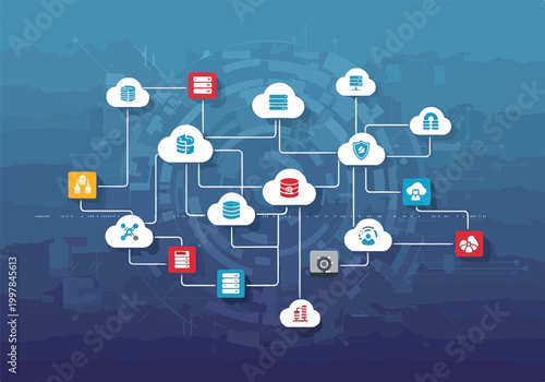 Photos Cloud and server network diagram with various icons