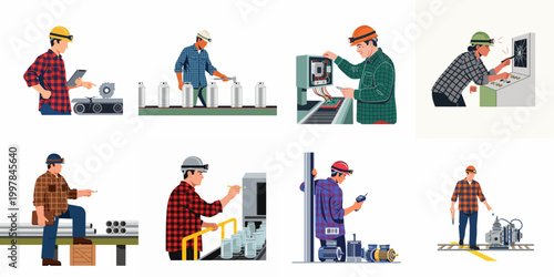 Illustration set of industrial workers in various manufacturing and inspection roles, featuring factory operations, quality control, and technical maintenance tasks.