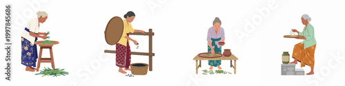 Four flat vector illustrations of elderly Southeast Asian women performing traditional agricultural tasks like sorting leaves, winnowing grain, and processing harvest.