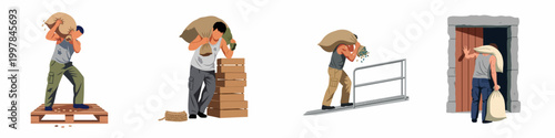 Set of illustrations depicting men performing heavy manual labor, carrying heavy sacks and working in a warehouse or port environment.