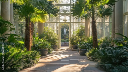Sunlit Palm Greenhouse Pathway, lush foliage, sunbeams, garden