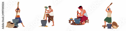 Set of illustrations featuring Indonesian men in traditional attire manually processing coffee beans or spices with mortars and pestles in a flat vector style.