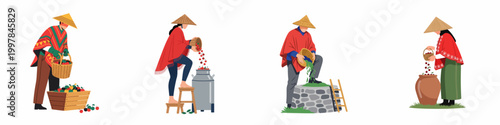 Set of diverse farmers in traditional clothing harvesting and processing various fruits and crops, flat vector illustration isolated on white background.
