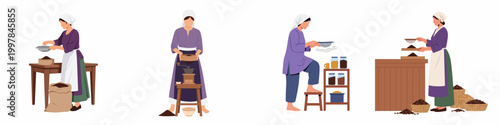 Flat vector illustration set of women in traditional attire processing, sifting, and grinding coffee beans in a rustic setting.
