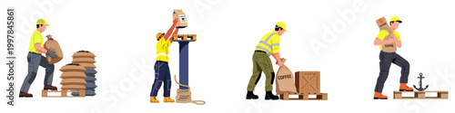 Set of illustrations showing warehouse workers and port loaders handling sacks and boxes of coffee for transport, export, and global logistics.