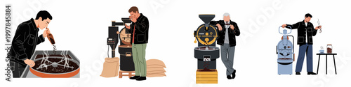 Flat vector illustration set of professional men roasting coffee, smelling fresh beans, and tasting coffee during the artisanal roasting process on white background.