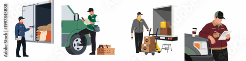 Flat illustration set of delivery men and logistics workers performing various tasks like loading trucks, checking maps, and managing paperwork.
