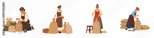 Set of flat illustrations showing farm women in aprons and headscarves tying and handling large burlap sacks of grain on white background.