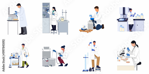 Set of scientists conducting various laboratory tests and research, focusing on dairy product analysis and food safety in a modern lab environment.