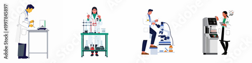 Set of flat vector illustrations showing diverse male and female scientists conducting chemical research and caffeine experiments in a modern laboratory.