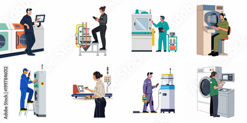 A set of industrial factory workers and technicians operating machinery, monitoring control panels, and performing maintenance tasks in a flat vector illustration style.
