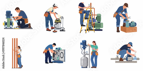 Flat vector illustration set of professional male and female industrial workers and technicians repairing, maintaining, and inspecting pump systems and machinery.