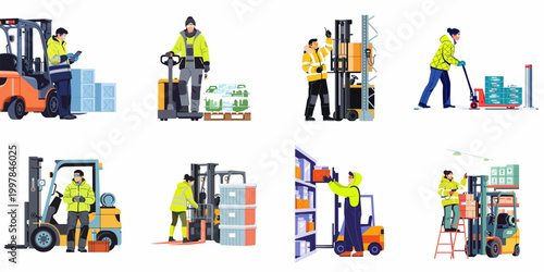 Illustrations of warehouse workers in cold storage environments, operating forklifts, pallet jacks, and managing inventory while wearing high-visibility winter safety gear.